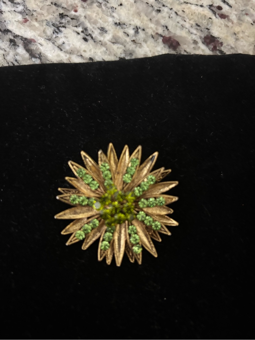 Gold-Tone Floral Sunburst Brooch with Green Crystals - Women Jewelry